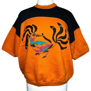 Vintage Short Sleeve Sweatshirt Unisex M-L Basset Walker Bird Print 70s Orange